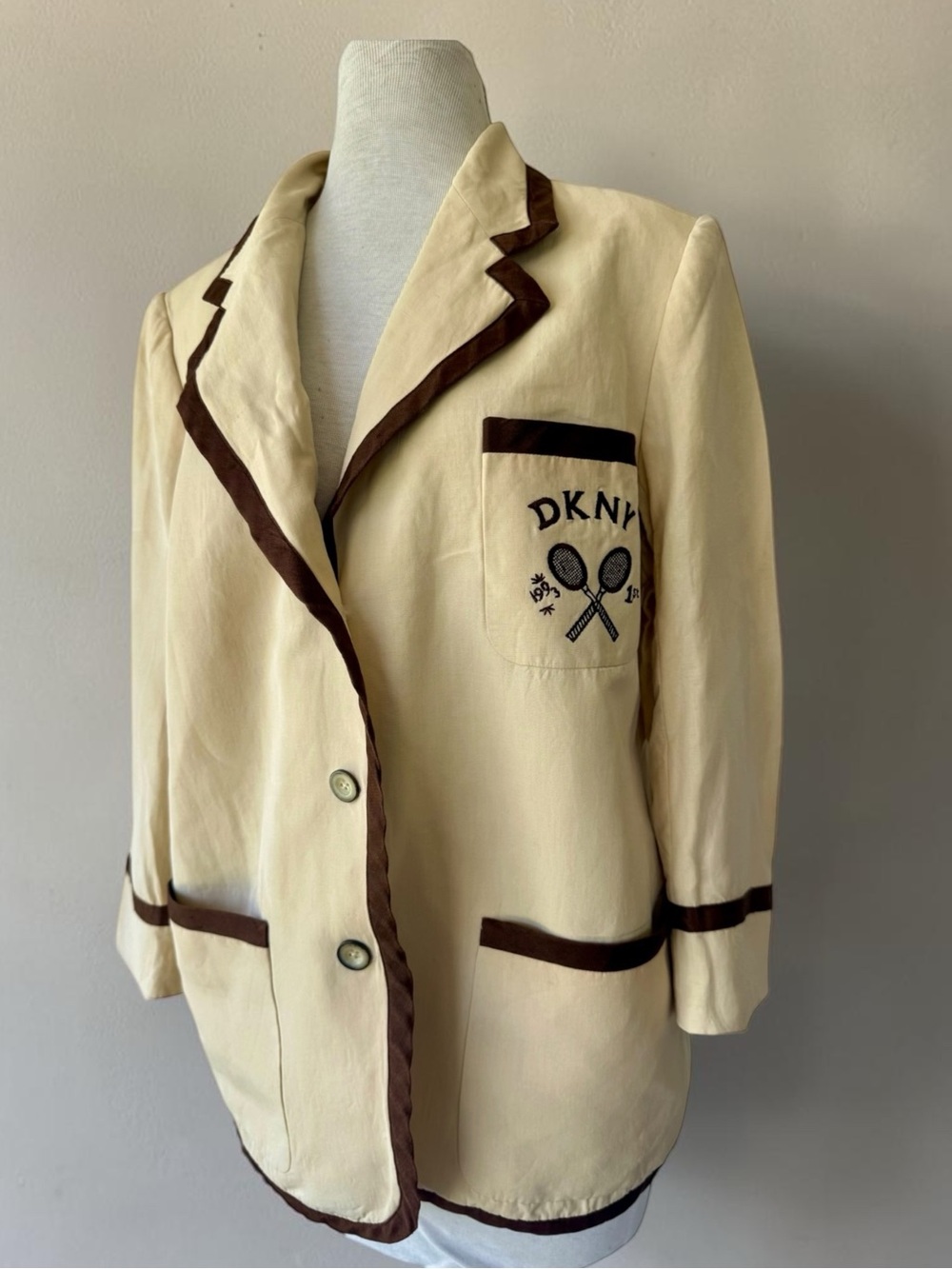 Vtg 90s DKNY Donna Karan Linen Blend Blazer Sz 14 Embroidered Tennis Logo 1993
